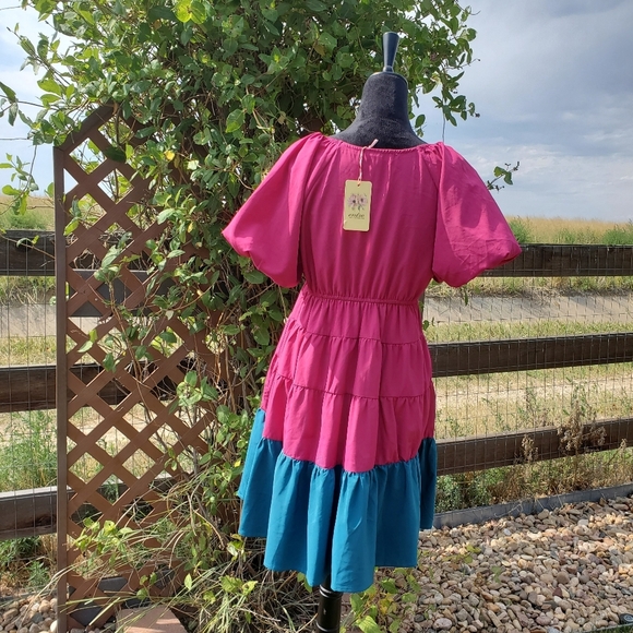 NWT Entro Megenta Tiered Dress with Teal Blue Hemline Women's Size Small - Picture 16 of 16